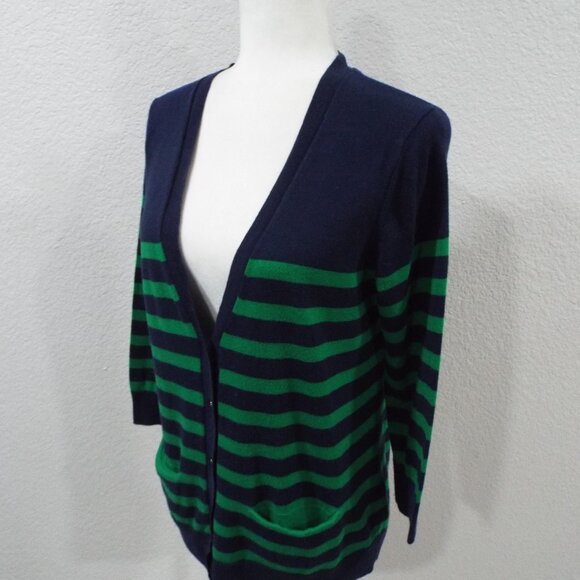 Gap Women's Navy/ Kelly Green 3/4 Sleeve Striped V-Neck Button Up Cardigan Med - Picture 8 of 9